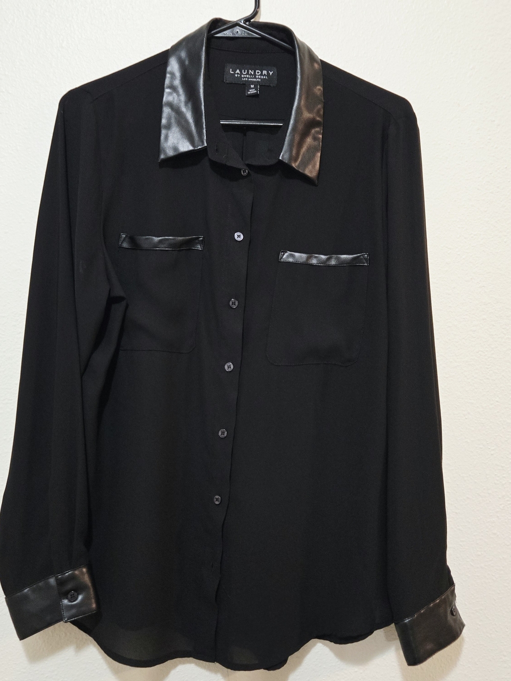 Laundry by Shelli Segal Black Faux Leather Trim Button-Up Shirt M Dark Academia